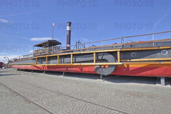 Historic tugboat Gustav Zeuner built in 1894, steamer, tugboat, open-air museum, inscription, ship museum, museum harbour, commercial harbour, Magdeburg, Saxony-Anhalt, Germany