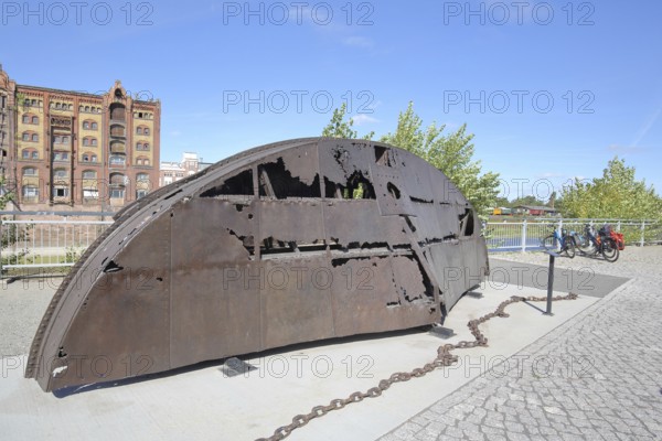 Wreck part of the historic chain tug Gustav Zeuner, rusty piece from the stern, shipwreck, open-air museum, ship museum, museum harbour, commercial harbour, Magdeburg, Saxony-Anhalt, Germany