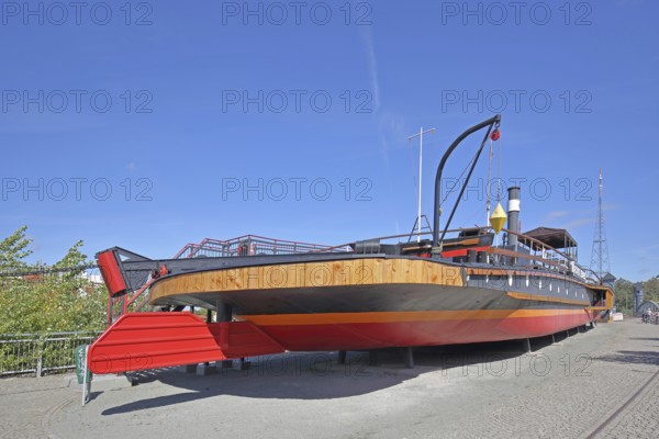 Historic tugboat Gustav Zeuner built in 1894, steamer, tugboat, stern, rudder, open-air museum, inscription, ship museum, museum harbour, commercial harbour, Magdeburg, Saxony-Anhalt, Germany