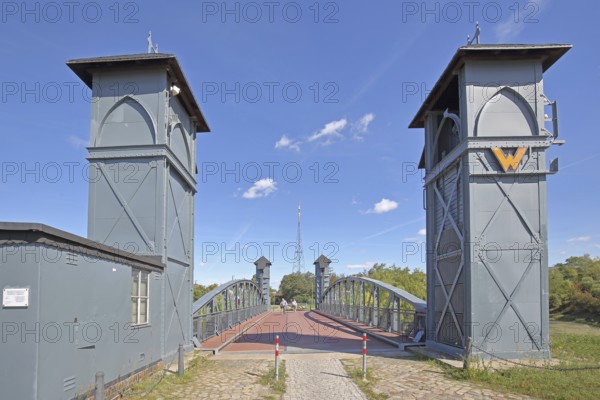 Railway lift bridge built in 1893 today's bicycle bridge, lift bridge, railway bridge, commercial harbour, Magdeburg, Saxony-Anhalt, Germany