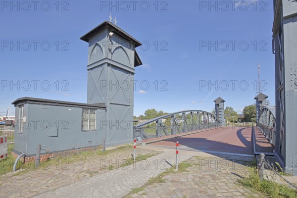 Railway lift bridge built in 1893 today's bicycle bridge, lift bridge, railway bridge, commercial harbour, Magdeburg, Saxony-Anhalt, Germany