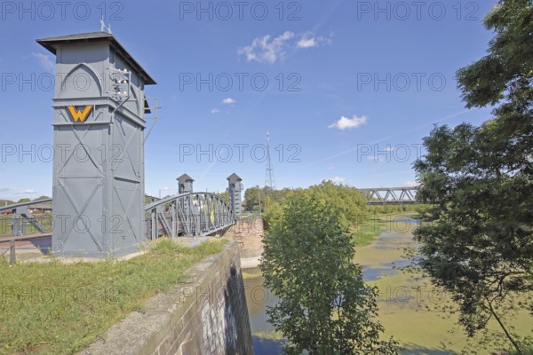 Railway lift bridge built in 1893 today's bicycle bridge, lift bridge, railway bridge, commercial harbour, Magdeburg, Saxony-Anhalt, Germany