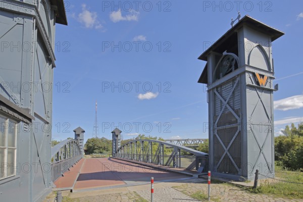 Railway lift bridge built in 1893 today's bicycle bridge, lift bridge, railway bridge, commercial harbour, Magdeburg, Saxony-Anhalt, Germany