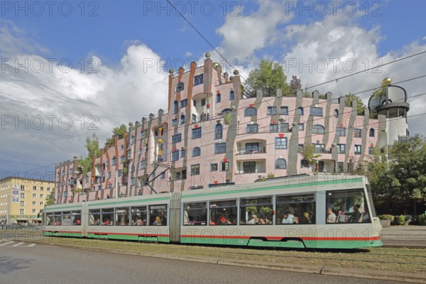 Green Citadel, Hundertwasser House and tram, local transport, Magdeburg, Saxony-Anhalt, Germany