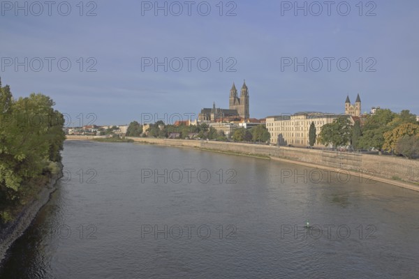 Cityscape with gothic cathedral, romanesque monastery Unser Lieben Frauen and Elbe, church towers, banks of the Elbe, Magdeburg Cathedral, Vitanas, building, Magdeburg, Saxony-Anhalt, Germany