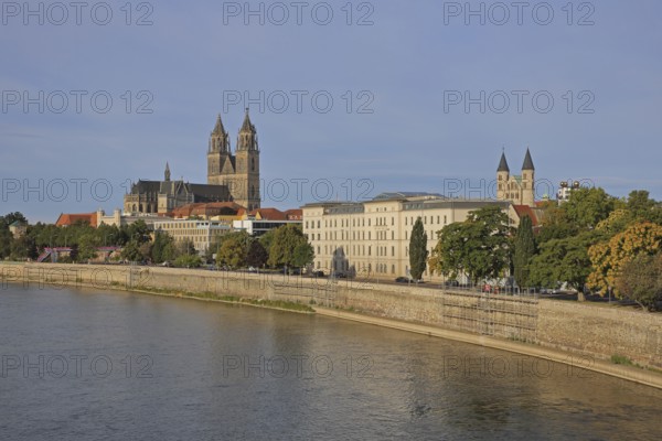 Cityscape with gothic cathedral, romanesque monastery Unser Lieben Frauen and Elbe, church towers, banks of the Elbe, Magdeburg Cathedral, Vitanas, building, Magdeburg, Saxony-Anhalt, Germany