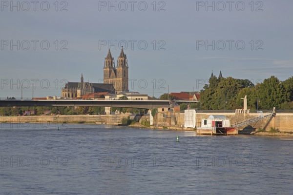 Cityscape with Gothic cathedral and New River Bridge, Elbe riverbank, Elbe, Magdeburg Cathedral, St. Katharina, Magdeburg, Saxony-Anhalt, Germany