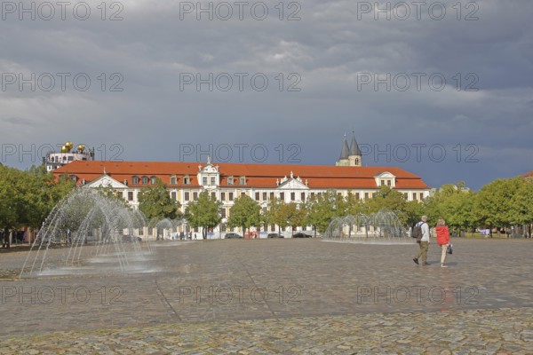 Baroque Winneberg Palace built in 1728 and Saxony-Anhalt State Parliament, water features, water fountains, pedestrians, light atmosphere, Cathedral Square, Magdeburg, Saxony-Anhalt, Germany