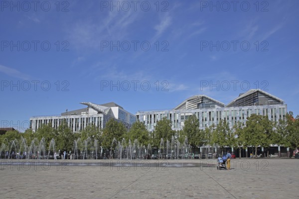 Water features and pedestrians, water fountains, Cathedral Square, Magdeburg, Saxony-Anhalt, Germany