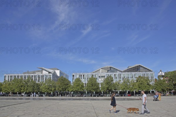 Water features and pedestrians, water fountains, Cathedral Square, Magdeburg, Saxony-Anhalt, Germany