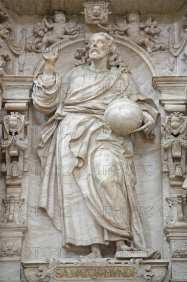 Decorations on the Renaissance pulpit by Christoph Kapup 1597 made of alabaster, Christ the Saviour carries the world, globe, Latin inscription, Salvator mundi, stonemasonry, art, craftsmanship, interior view, figure, relief, sculpture, St. Mauritius and St. Katharina, Magdeburg Cathedral, Magdeburg, Saxony-Anhalt, Germany
