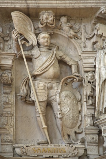Decorations on the Renaissance pulpit by Christoph Kapup 1597 made of alabaster, Saint Mauritius, stonemasonry, art, craftsmanship, interior view, figure, relief, sculpture, St Mauritius and St Katharina, Magdeburg Cathedral, Magdeburg, Saxony-Anhalt, Germany