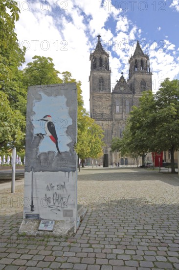 Gothic cathedral and part of the Berlin Wall, memorial, monument, We are the people, political appeal, inner-German border, GDR, democratic, separation, division, great spotted woodpecker as a symbol of demolition, destruction, fragment, bird figure, St Mauritius and St Katharina, Magdeburg Cathedral, Magdeburg, Saxony-Anhalt, Germany