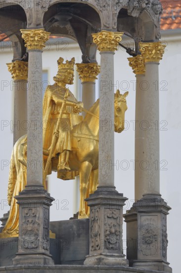 Magdeburg rider with crown, golden equestrian figure, equestrian statue, sculpture, Alter Markt, Magdeburg, Saxony-Anhalt, Germany