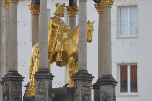 Magdeburg horseman with crown, golden equestrian figure, equestrian statue, sculpture, landmark, Alter Markt, Magdeburg, Saxony-Anhalt, Germany