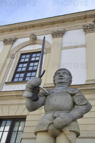 Roland statue with sword, sculpture, view upwards, Old Town Hall, Old Market Square, Magdeburg, Saxony-Anhalt, Germany