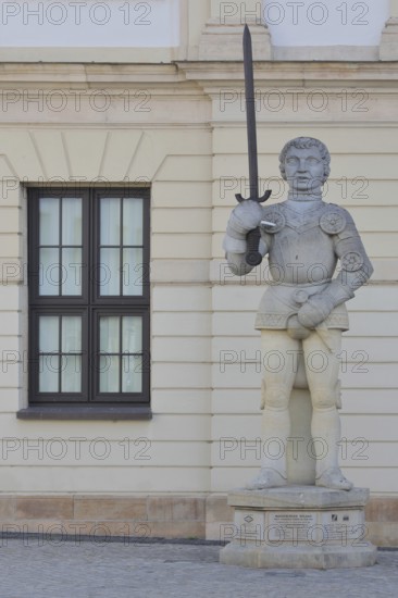 Roland statue with sword, sculpture, window, Old Town Hall, Old Market Square, Magdeburg, Saxony-Anhalt, Germany