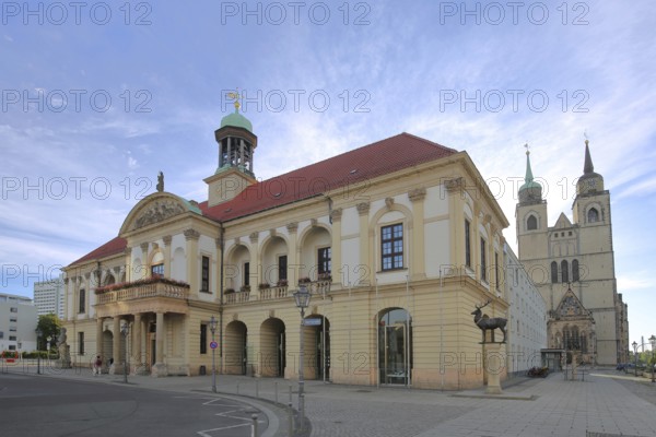 Baroque Old Town Hall built in 1713, stag column with stag statue and late Romanesque St. Johannis Church, Alter Markt, Magdeburg, Saxony-Anhalt, Germany