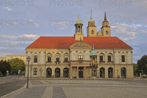 Baroque Old Town Hall built in 1713, and church towers of St. Johannis, Magdeburger horse-rider, Alter Markt, Magdeburg, Saxony-Anhalt, Germany