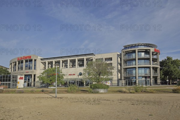 Allee-Center with flags, shopping centre, modern building, glass building, Magdeburg, Saxony-Anhalt, Germany