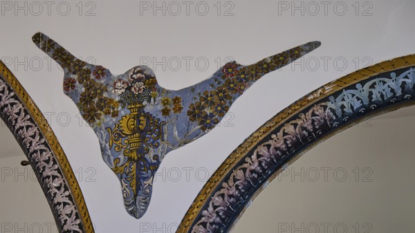 Decorative artwork with floral patterns on a synagogue wall, Kahal Shalom Synagogue, Sephardic Synagogue, Oldest Synagogue in Greece, Synagogue, Jewish Quarter, Rhodes Old Town, Rhodes Town, Rhodes, Dodecanese, Greek Islands, Greece
