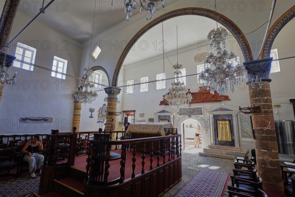 Interior view of a synagogue with chandeliers and decorative arches, Kahal Shalom Synagogue, Sephardic Synagogue, Oldest Synagogue in Greece, Synagogue, Jewish Quarter, Rhodes Old Town, Rhodes Town, Rhodes, Dodecanese, Greek Islands, Greece