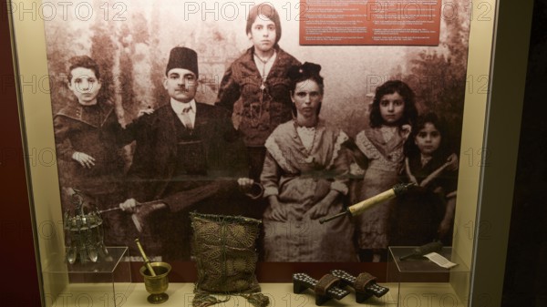Historical family exhibition with ancient artefacts, Kahal Shalom Synagogue, Sephardic Synagogue, Oldest Synagogue in Greece, Synagogue, Jewish Quarter, Rhodes Old Town, Rhodes Town, Rhodes, Dodecanese, Greek Islands, Greece