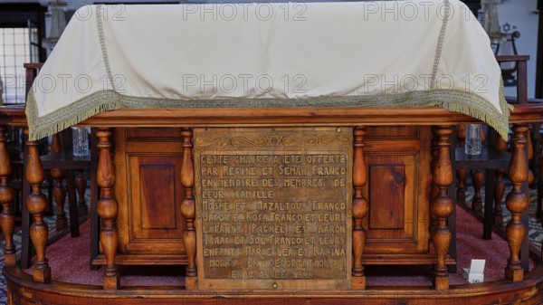Ornate wooden construction with historical inscription, Kahal Shalom Synagogue, Sephardic Synagogue, Oldest Synagogue in Greece, Synagogue, Jewish Quarter, Rhodes Old Town, Rhodes Town, Rhodes, Dodecanese, Greek Islands, Greece