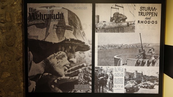 Historical propaganda posters with pictures of soldiers, Kahal Shalom Synagogue, Sephardic Synagogue, Oldest Synagogue in Greece, Synagogue, Jewish Quarter, Old Town Rhodes, Rhodes Town, Rhodes, Dodecanese, Greek Islands, Greece