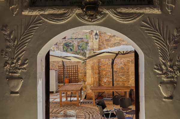 View of decorated historic exterior, Kahal Shalom Synagogue, Sephardic Synagogue, Oldest Synagogue in Greece, Synagogue, Jewish Quarter, Rhodes Old Town, Rhodes Town, Rhodes, Dodecanese, Greek Islands, Greece