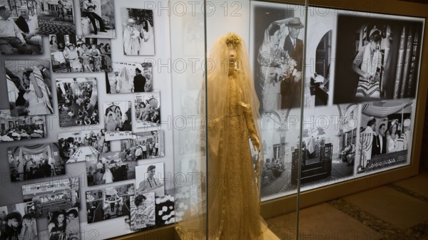 Exhibition with wedding dress and historical photos, Kahal Shalom Synagogue, Sephardic Synagogue, Oldest Synagogue in Greece, Synagogue, Jewish Quarter, Rhodes Old Town, Rhodes Town, Rhodes, Dodecanese, Greek Islands, Greece