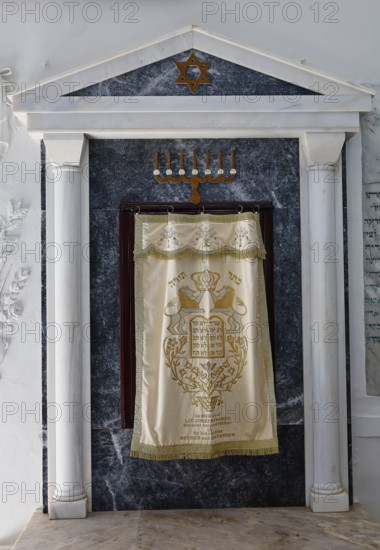 Historic temple decoration with curtain and columns, Kahal Shalom Synagogue, Sephardic Synagogue, Oldest Synagogue in Greece, Synagogue, Jewish Quarter, Rhodes Old Town, Rhodes Town, Rhodes, Dodecanese, Greek Islands, Greece