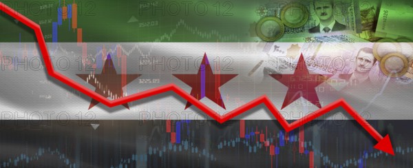 Syria financial crisis on economic graph. Financial fall of Syria on economy market chart