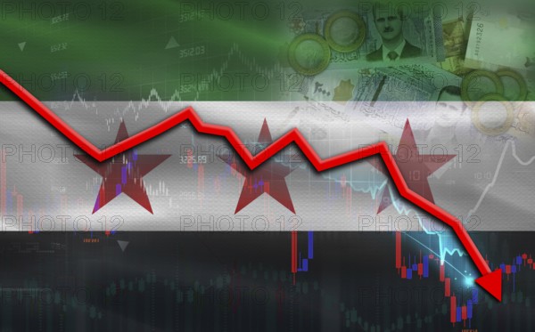Syria financial fall on economy market. Syria financial crisis on economic graph