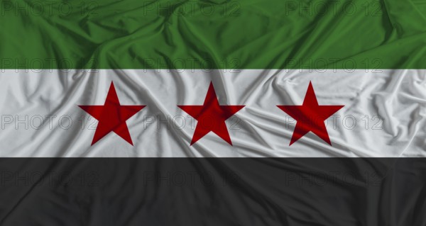 Syrian flag with fabric texture background. National flag of Syria