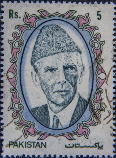 Muhammad Ali Jinnah (1876-1948) was a politician and lawyer who was prominent in the struggle for Pakistan's independence. He became the new state's first Governor-General and leader of the ruling Muslim League party. Portrait on a Pakistani postage stamp