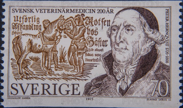 Peter Hernqvist (1726-1808), a Swedish professor and veterinarian – the father of Swedish veterinary medicine. Portrait on a Swedish stamp