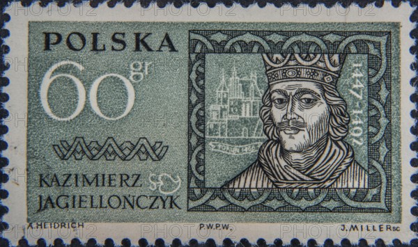 Casimir IV, Casimir Andrew Jagiellon, Kazimierz Andrzej Jagiellonczyk, (1427– 1492) was Grand Duke of Lithuania from 1440 and King of Poland from 1447 until his death in 1492. He was one of the most active Polish-Lithuanian rulers. Portrait on a Polish postage stamp