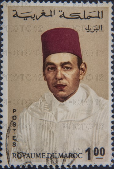 King Hassan II (1929-1999), King of Morocco from 1961 to 1999. Portrait on Moroccan postage stamp