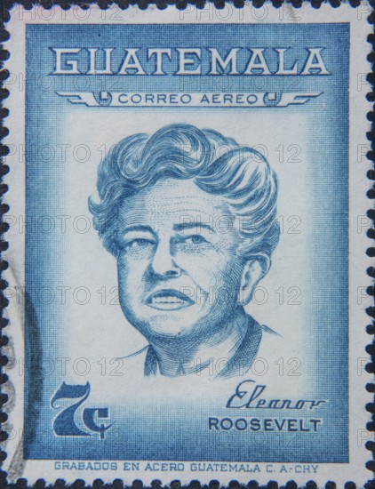 Eleanor Roosevelt (1884-1962) was an American delegate to the United Nations and First Lady. She was married to Franklin D. Roosevelt from 1905 until his death in 1945. Portrait on a Guatemala postage stamp