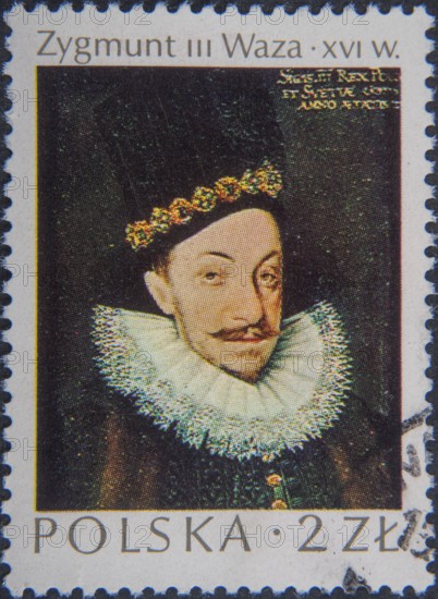 Sigismund, Zygmunt III Waza (1566-1632) was King of Sweden from 1592 to 1599. As Sigismund III Vasa, King of Poland and Grand Duke of Lithuania from 1587 to 1632. Portrait on Polish postage stamp