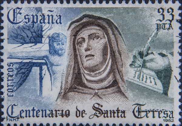 Saint Teresa, Teresa of Ávila (1515-1582) was a Spanish mystic, Carmelite nun and reformer of the order. Portrait on a Spanish postage stamp