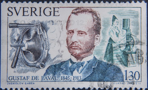Gustaf de Laval, (1845-1913) was a Swedish civil engineer, doctor of philosophy, inventor and industrialist. Portrait on a Swedish postage stamp