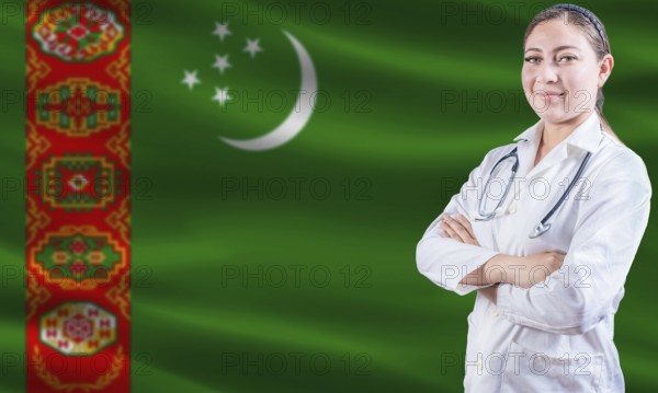 Female doctor on Turkmenistan flag. Doctor with crossed arms on Turkmenistan flag. Turkmenistan health and care concept