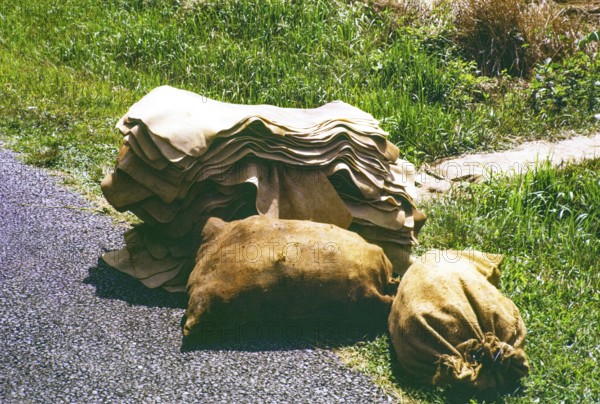 Unsmoked sheets and sacks of rubber piled up on roadside, Malaya, Malaysia, south east Asia 1963