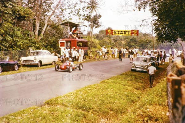 Start line of motor racing event, Gap Hill Climb, Singapore Motor Club, Singapore, south east Asia c 1963 thought to be driver Lim Peng Han in Kieft car known as an LA Special