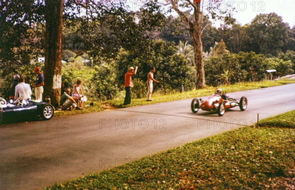 Finish line of motor racing event, Gap Hill Climb, Singapore Motor Club, Singapore, south east Asia c 1963