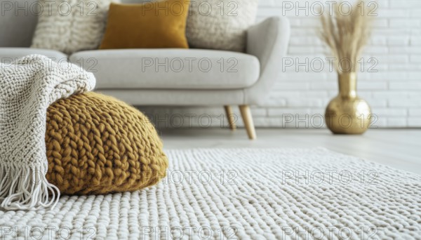 Close-Up Of Carpet, Contemporary Sofa And Gilded Decor With Pillows And Blanket Against White Brick Wall. An Elegant Interior Look, AI generated