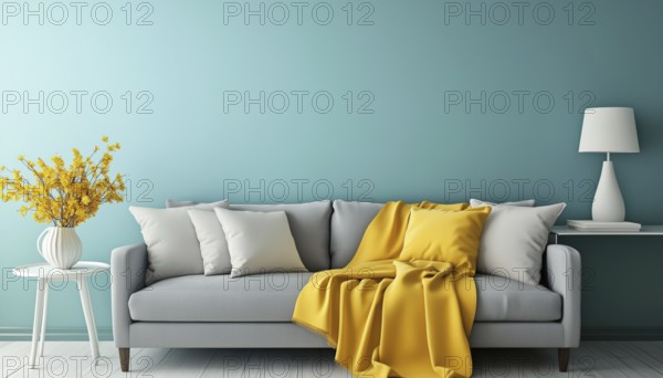 Turquoise Wall Living Room With Grey Sofa, Yellow Blanket, And Flowers. Study Table And Decorative Lamp Behind Sofa, Space For Carpet, AI generated