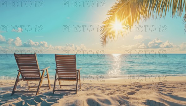 Spectacular Sun-Kissed Beach: Lounge Chairs On Sandy Shoreline. Perfect Getaway For Summer Vacation And Tourism. Stunning Tropical Seascape To Inspire, AI generated